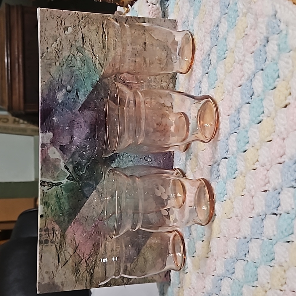 Vintage Depression Elegant Etched Pink Tumbler Set of 6 w/ Pitcher